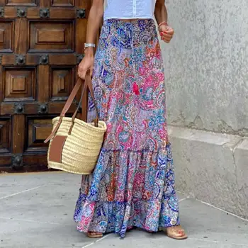 Леди Boho макси юбка с высокой талией цветочные печати оборками лоскутное лодыжки длина линии свободные кисточкой длинная юбка пляжная юбки