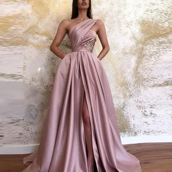 Горячая распродажа, розовое сексуальное вечернее платье с высоким разрезом и скошенными плечами длиной до пола