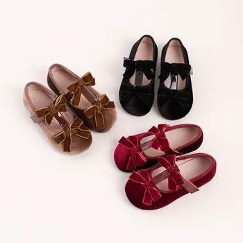 Детская обувь на плоской подошве из натуральной кожи для девочек, Мэри Джейн, Детские бархатные туфли в стиле 