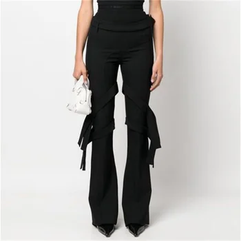 Женские брюки 2023, Летние Новые Женские брюки-клеш из смесовой шерсти, Корейские модные Двойные Леггинсы, декоративные облегающие широкие брюки