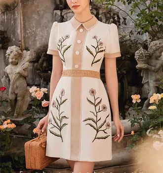2023, Высококачественное Дизайнерское Летнее платье с отворотом, Подиумное Женское платье с цветочной вышивкой, Короткий рукав, Цветной блок, Женские мини-платья для вечеринок
