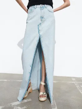 Новая модная женская универсальная джинсовая юбка средней длины с высокой талией и пятью карманами спереди и разрезом спереди