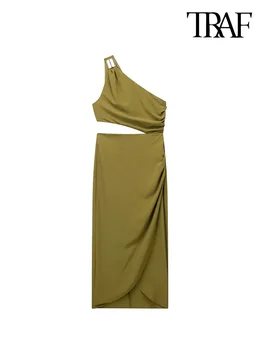 TRAF Женское Модное Открытое Асимметричное платье Миди, Сексуальное Женское платье с застежкой на одно плечо и боковой молнией, Vestidos Mujer
