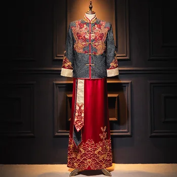 Китайский Мужской костюм, Винтажный Длинный халат с вышивкой дракона, Свадебная одежда для жениха, Восточное Ципао, одежда для тостов