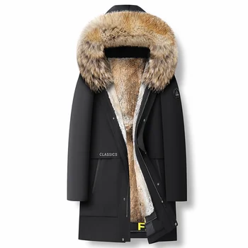 Высококачественная Мужская Новая зимняя куртка-пуховик из лисьего меха С воротником из кроличьей желчи, Съемное Теплое черное пальто средней длины Для