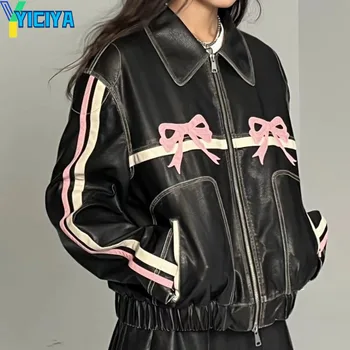 Кожаные куртки YICIYA, бомбер с бантом, женские хип-хоп гоночные зимние корейские модные куртки, винтажная верхняя одежда, пальто, Дизайнерская верхняя одежда