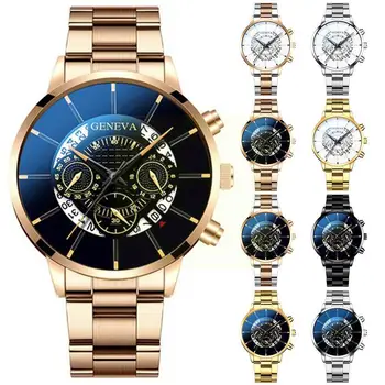 Модные мужские часы из стали Geneva Креативный календарь Наручные часы для мужчин Роскошные деловые часы Со светящимся дисплеем Часы