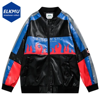 Винтажная университетская кожаная куртка в стиле пэчворк с цветным блоком, уличная одежда в стиле хип-хоп, куртка-бомбер на молнии, гоночное пальто