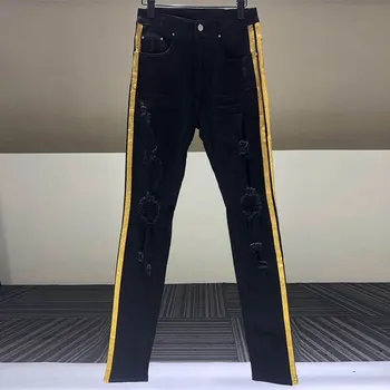 Мужские Джинсы в стиле пэчворк с золотой боковой полосой, Обтягивающие Джинсы Flex Jeans 2022, Высококачественные Рваные джинсы с дырками, мужские летние брендовые джинсы с дырками