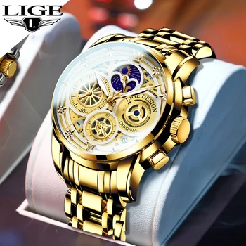 LIGE Золотые Часы для Мужчин, Водонепроницаемые Спортивные Мужские Часы, Лучший Бренд Класса Люкс, Мужские Деловые Кварцевые Наручные Часы Relogio Masculino
