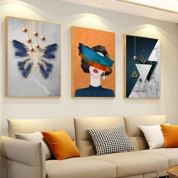 Скандинавская современная декоративная роспись с оранжевым рисунком в гостиной диван фон стена тройная подвесная картина