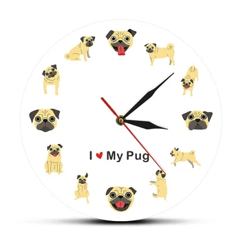 Милый дизайн мультяшной собаки с рисунком Мопса, Современные настенные часы, Декор для зоомагазина, Часы для щенка, Подвесные бесшумные, Не тикающие часы, Подарок любителю Мопса