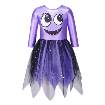 Детские платья Принцессы для девочек на Хэллоуин, длинные рукава, Милый принт, блестки, сетчатая юбка с зазубренной сеткой, платье для косплея, праздничное платье