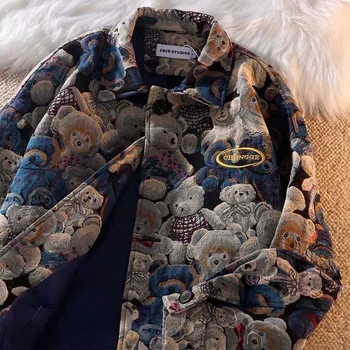 Осенне-зимняя модная Повседневная куртка с лацканами с милым принтом медведя для мужчин и женщин, однобортный пиджак 2022, новая женская одежда