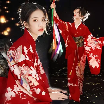 Японское платье, традиционное кимоно, Женская одежда, Винтажный красный халат гейши, Юката, костюмы для косплея, фотосессия
