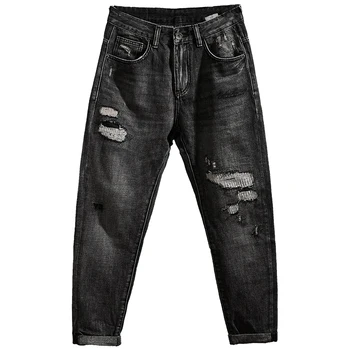Лоскутная ткань, маленькие прямые джинсы для мужчин, выстиранные и состаренные черные и серые джинсы