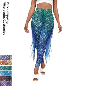 Женские Леггинсы-русалка NADANBAO, брюки для фитнеса с рыбьей чешуей, женские вечерние облегающие уличные Сексуальные брюки для косплея, низ для женского Костюма
