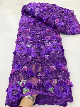 Модная Кружевная ткань с 3D Цветочной вышивкой, Кружевные ткани с розовыми блестками 2023, Роскошные Нигерийские качественные африканские сетчатые кружева с камнями