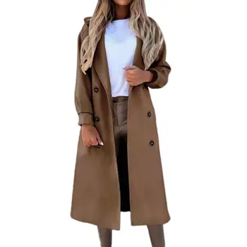 Женское Длинное пальто, однотонный двубортный осенне-зимний теплый костюм, воротник с длинным рукавом, пальто для офиса