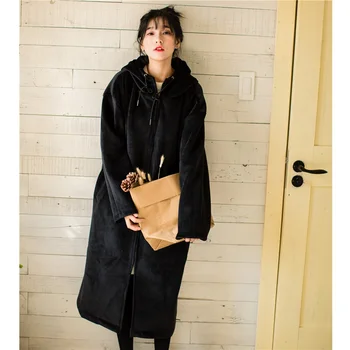 Куртка Harajuku, женские длинные куртки, Свободное пальто в стиле BF, Теплая флисовая верхняя одежда с капюшоном, повседневная ветровка в консервативном стиле, корейская одежда