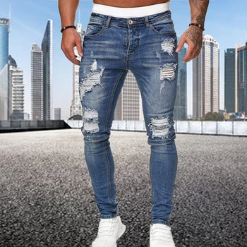 Модные уличные рваные обтягивающие джинсы, мужские винтажные однотонные джинсовые брюки, мужские повседневные облегающие джинсовые брюки-карандаш