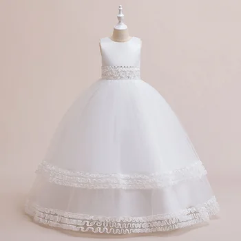 Платья для Первого Причастия с жемчугом, Пышное Белое Бальное Платье с цветочным узором для девочек от 6 до 16 лет, Платья Принцессы для Свадебной вечеринки