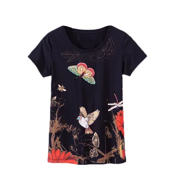 Весенне-летние женские футболки с коротким рукавом ручной работы, вышитые бисером, с принтом бабочки, женские повседневные хлопковые топы