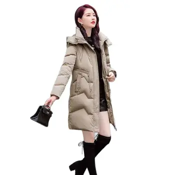 Корейская версия Женской зимней куртки на Белом Утином пуху, Новое Модное Утолщенное Теплое флисовое пальто средней длины с капюшоном, Женская куртка Tide