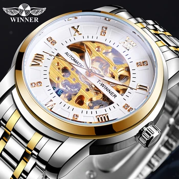 Автоматические механические мужские наручные часы Winner Skeleton, Роскошные водонепроницаемые мужские часы, Светящиеся золотые Серебряные часы Montre Homme