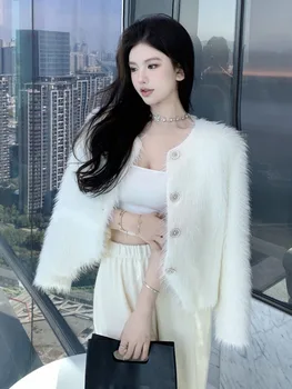 Высококачественная женская зимняя норковая Шуба, однотонная модная уличная Однобортная Укороченная куртка из искусственного меха, женская Верхняя одежда