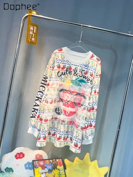 Модная женская футболка с длинными рукавами и мультяшным принтом 2023, Весенне-осенний Новый Свободный сетчатый пуловер средней длины с сращиванием, топ