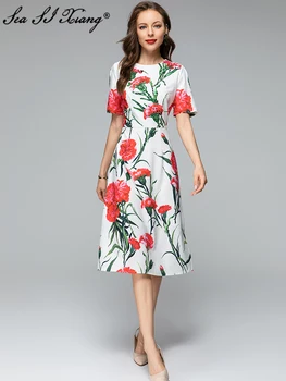 Seasixiang/ Модное дизайнерское Весенне-летнее женское платье с круглым вырезом и коротким рукавом, с блестками, с цветочным принтом, Элегантные вечерние платья