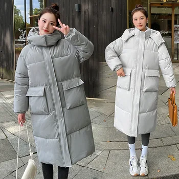 Новая пуховая хлопчатобумажная куртка зимняя женская утолщенная корейская версия с длинным разрезом большого размера зимняя теплая удлиненная куртка пальто