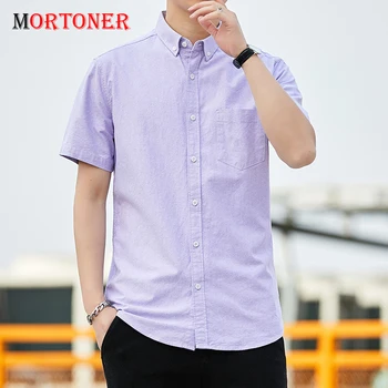MORTONER Мужская летняя хлопковая рубашка Оксфорд, молодежные повседневные рубашки на пуговицах, Модные мужские фиолетовые облегающие Camisa Masculina