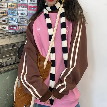 Deeptown Hippie Винтажная толстовка в розовую полоску, женская толстовка Kpop Harajuku, Модная толстовка Оверсайз, Корейская уличная одежда, топ с длинными рукавами