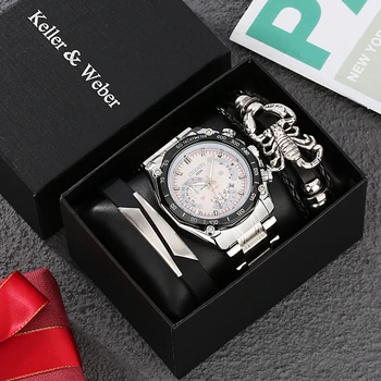 Подарочный набор мужских часов Премиум-класса, полностью стальные Водонепроницаемые Серебряные часы с календарем для мужчин, браслеты, Изысканный Роскошный подарок