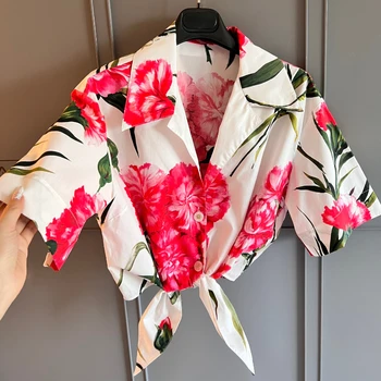 Новая Женская Высококачественная Блузка с коротким рукавом, завязывающаяся на Резинке, и коллекция Тюльпанов, юбка-карандаш Миди с Плиссированной юбкой в стиле Пэчворк-Комплект юбок