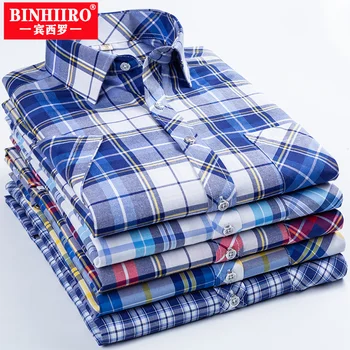 Мужская рубашка BINHIRO с коротким рукавом, хлопковая высококачественная рубашка в клетку, Новая деловая повседневная неглаженная рубашка с отворотом Против морщин