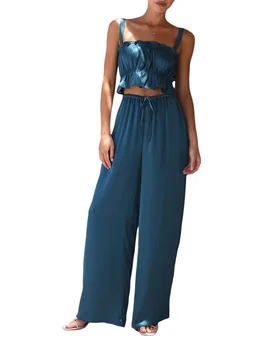 Женская летняя одежда из 2 предметов, укороченный топ на бретелях с рюшами и завязками, широкие свободные брюки, комплект повседневной пляжной одежды