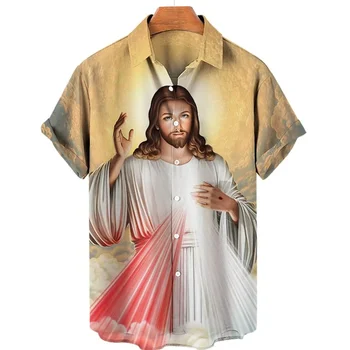 Бог Религия Христос Мужские Рубашки Иисус 3D Принт Harajuku Повседневная Гавайская рубашка с коротким рукавом Оверсайз Топ Женская Майка Одежда