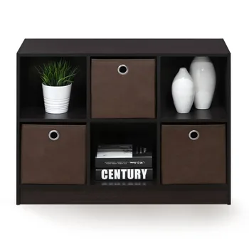 Furinno Basic, Органайзер для хранения на 6 кубов, Книжный шкаф для хранения с ящиками, коричневый и черный