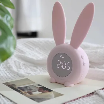 Светодиодный цифровой будильник с изображением кролика, Электронный светодиодный дисплей, управление звуком, Ночная лампа, Настольные Перезаряжаемые Часы