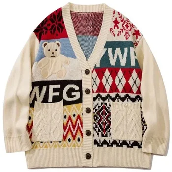 Кардиган с вышивкой Медведя в Японском стиле, мужской Зимний свитер с рисунком из Мультфильма ip op, Свободные женские трикотажные пальто, Винтажные карданы