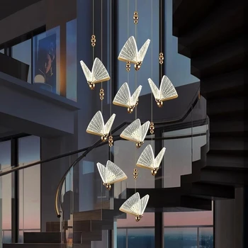 Подвесной светильник с бабочкой в новом стиле, Современная роскошная лестница, Прикроватная тумбочка, фон для спальни, Дизайнерские светильники в стиле деко