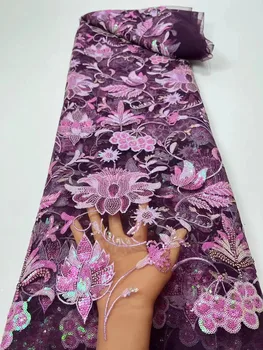 Африканские кружевные ткани с блестками Новейшая вышивка бисером Французский тюль Сетчатая кружевная ткань Материал для вечеринки Свадебное платье Sew F0909