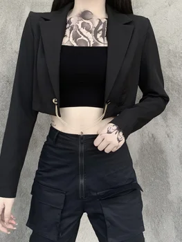 Y2k Эстетическая Уличная одежда в стиле панк, готический Черный костюм, Женская куртка с цепочкой, Укороченный топ в стиле пэчворк, универсальная повседневная женская одежда в стиле Харадзюку