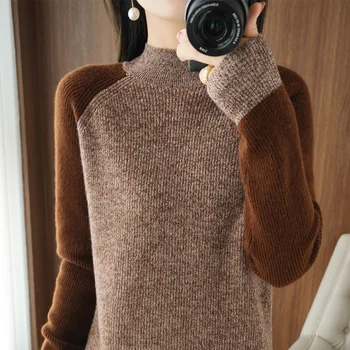 Вязаный свитер с полувысоким вырезом, Женская корейская версия, Модные пуловеры с цветными блоками, Осенне-зимний базовый свитер из чистой шерсти