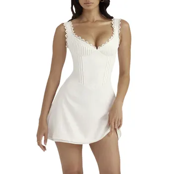 Женские платья, Белое Элегантное кружевное платье без рукавов с V-образным вырезом, Повседневное весенне-летнее платье, сексуальное платье миди для женщин, женская одежда для вечеринок
