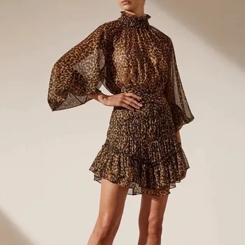 Сексуальное мини-платье с леопардовым принтом и вырезом для женщин, воротник-стойка, рукав-фонарь, платья с высокой талией и оборками, женская мода