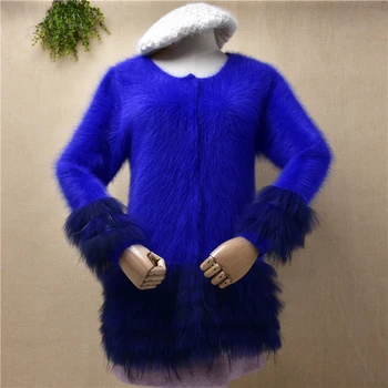 дамы женская мода волосатые плюшевые норки кашемир вязаные длинные рукава 100% натуральный мех рукава тонкий синий кардиган куртка пальто свитер